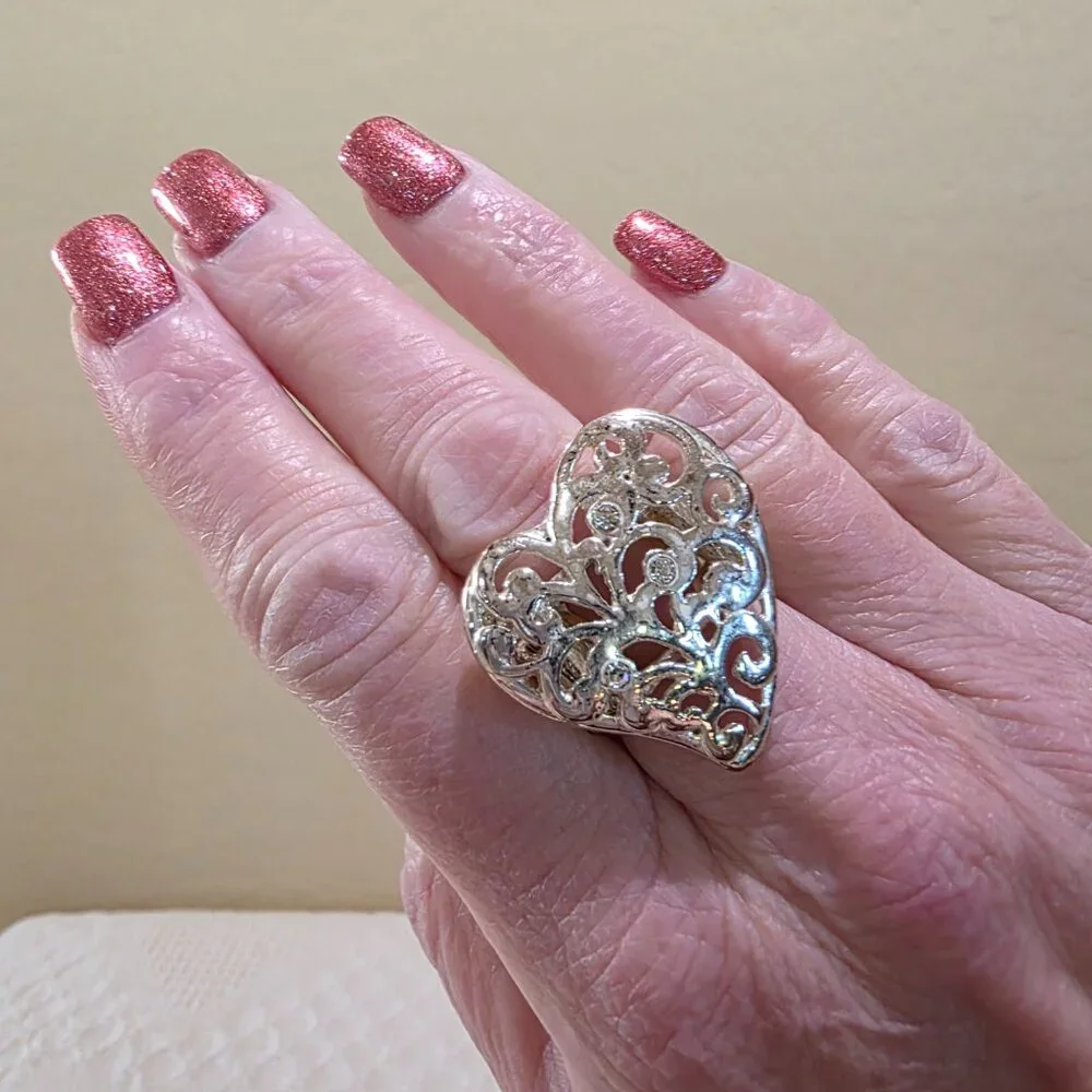 Vintage Silver Filigree Rhinestone Accent HEART Adjustable Fashion Ring SZ 9.5+